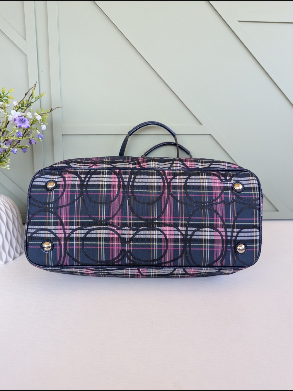 Coach Navy Plaid Tote with Pink and White Accents - Picture 9 of 14